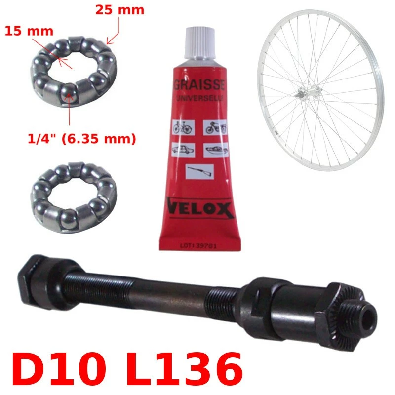 KIT AXE DE ROUE ARRIERE Ø 10mm Lg. 136mm GRAISSE ROULEMENT 3 KIT AXE DE ROUE ARRIERE Ø 10mm Lg. 136mm GRAISSE ROULEMENT